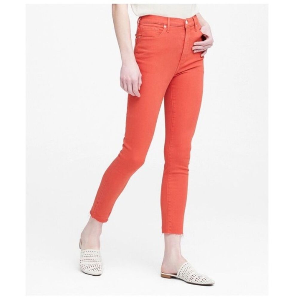 Salmon Pink Tangerine Banana Republic High-Rise Skinny Ankle Raw Hem Jeans (NWT)